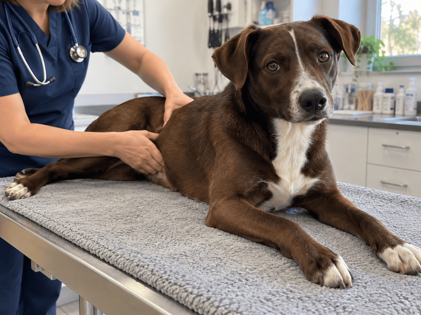 Dospelý pes pokojne leží na stole počas veterinárneho vyšetrenia brucha
